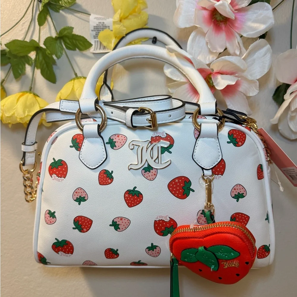 Juicy Couture White Strawberry Print Satchel with Red Strawberry Charm